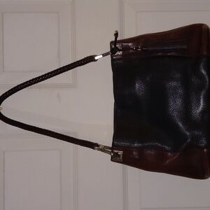 EUC Brighton Black & Brown Braided Handle Bag, Thick Tassel, Silver Hardware